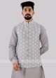 Attractive Grey & Off White Nehru Jacket Set